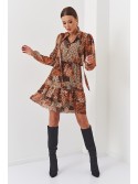 Rochie delicata cu guler ridicat si nasturi legat, negru caramel 3032 - Magazin online - Boutique